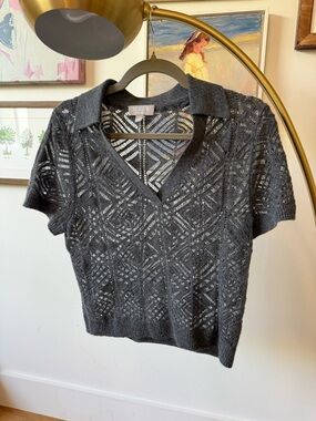 J. Crew Cashmere Black Openwork Short-Sleeve Polo Sweater